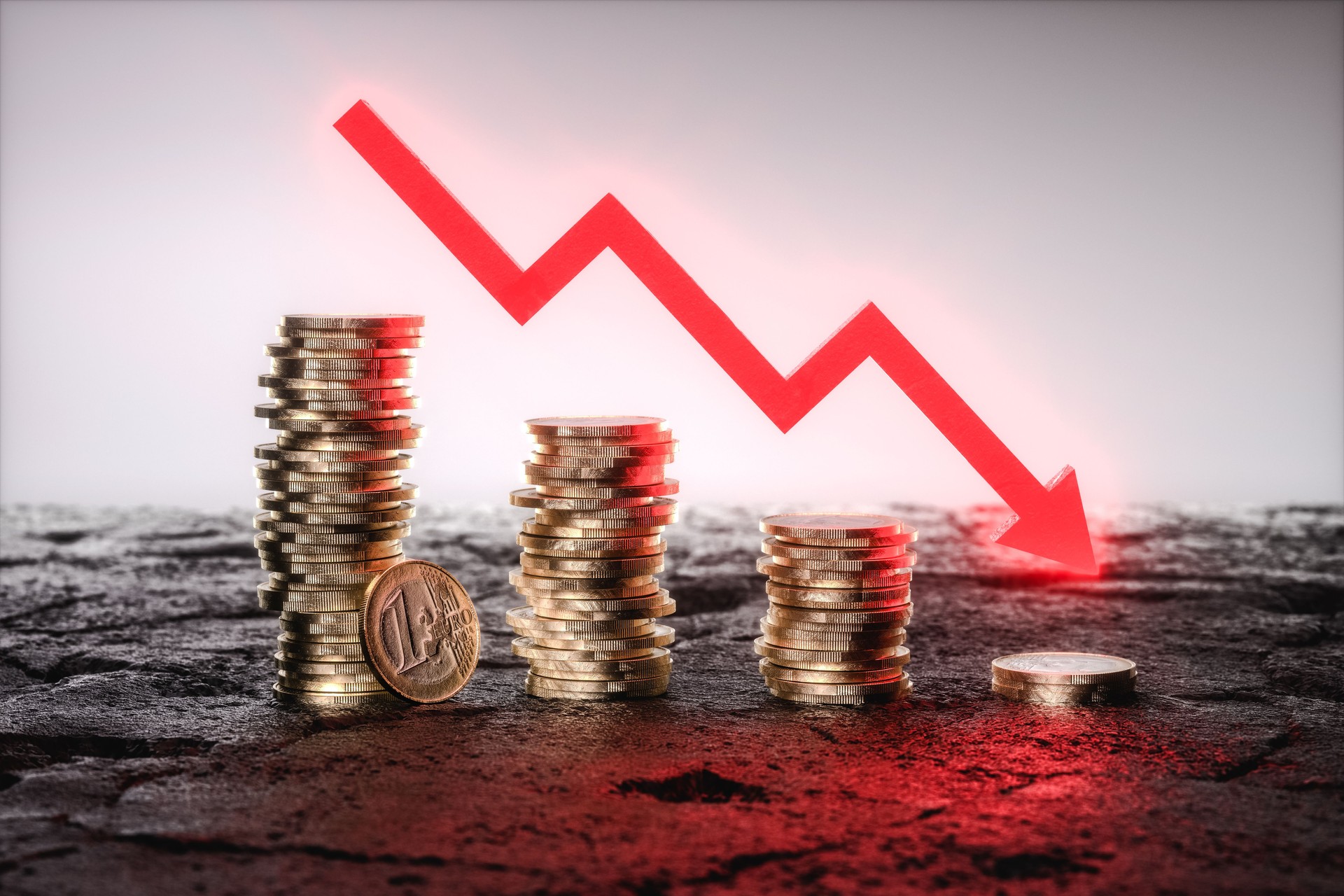 Stacks of euro coins in descending order, conceptualizing the euro crisis. 3d render