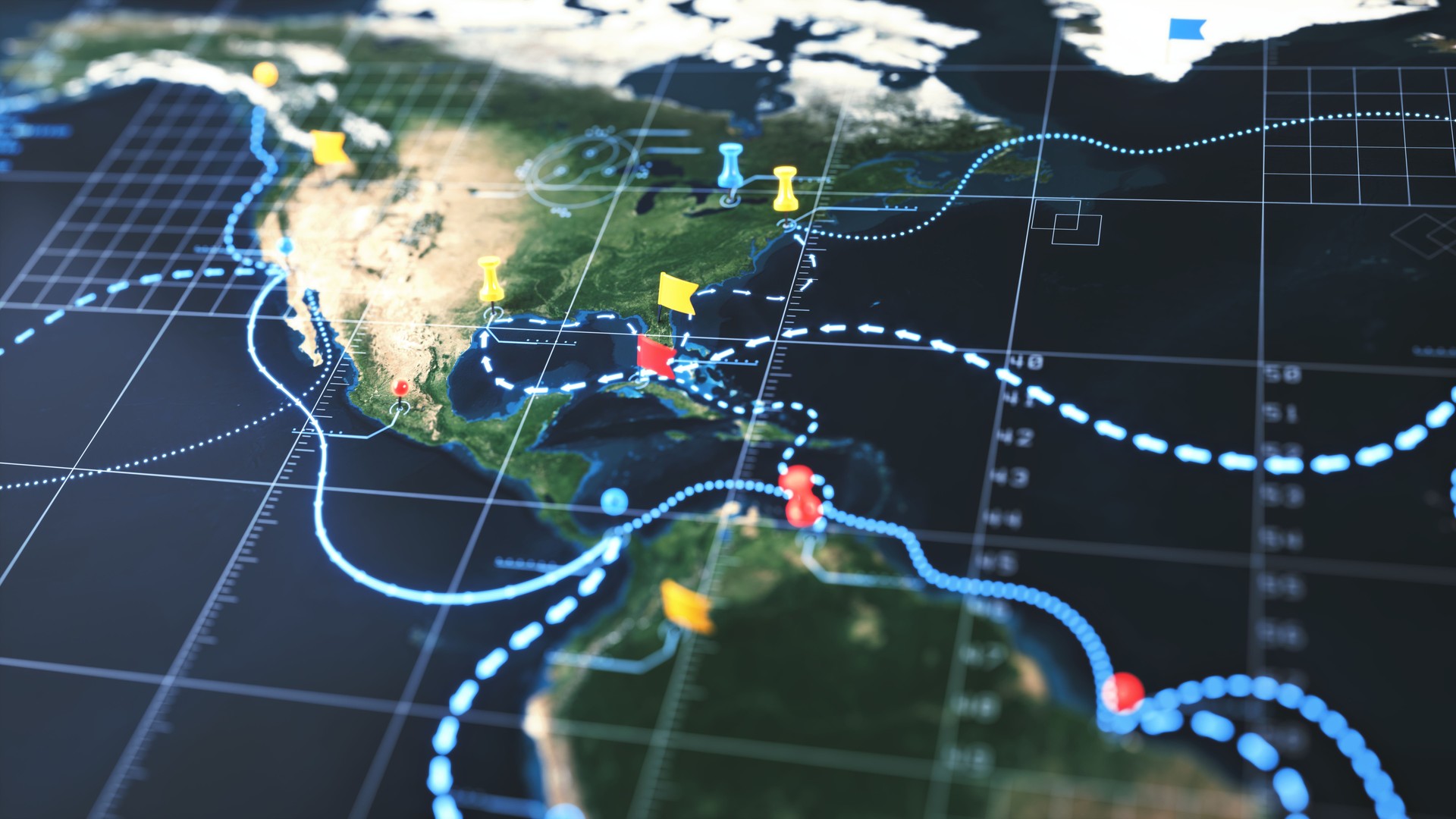 Strategic world map of the Americas with digital infographics overlay