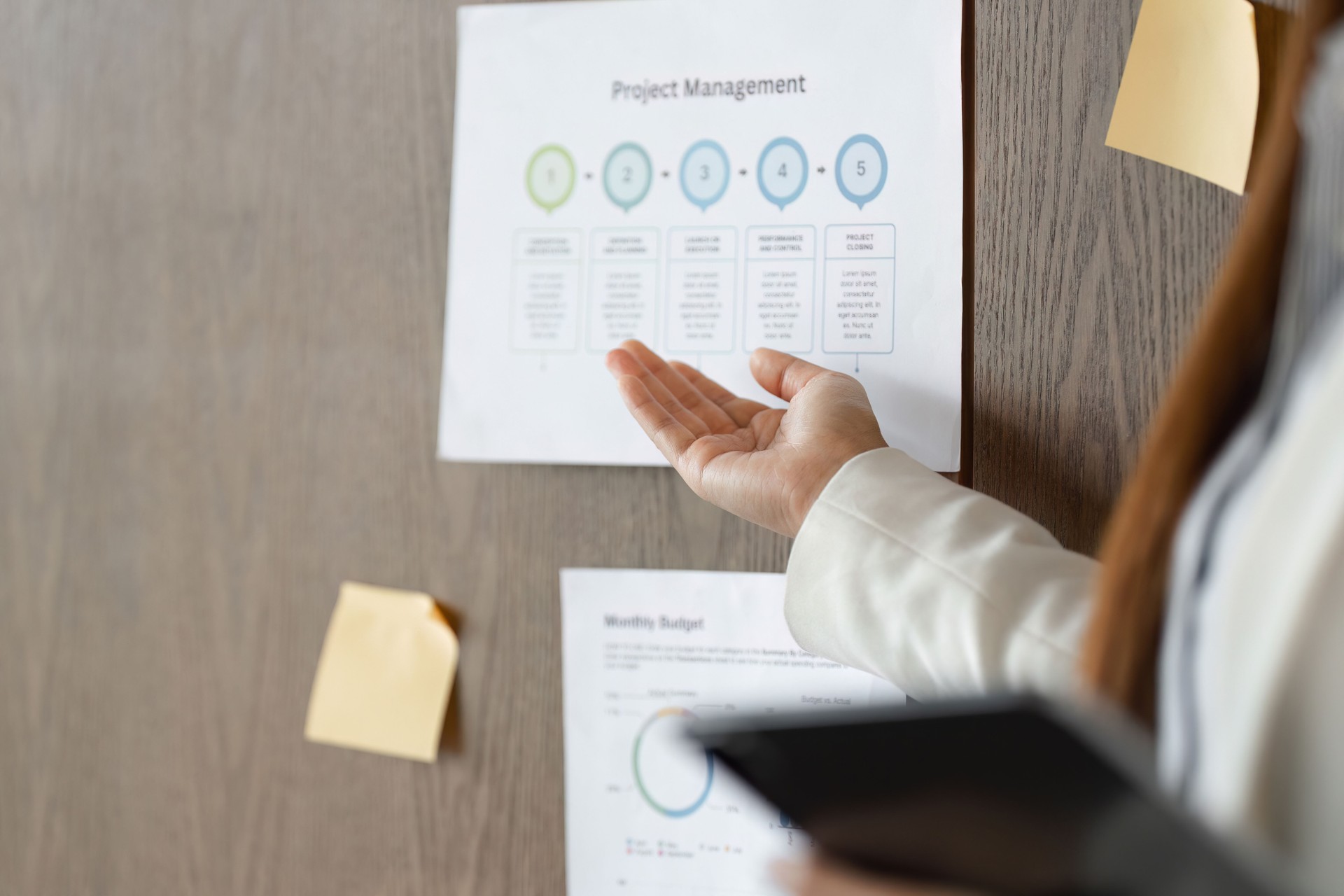 Project Management Insights and Strategy. A businesswoman explains project metrics during a strategic presentation, focusing on key performance indicators.