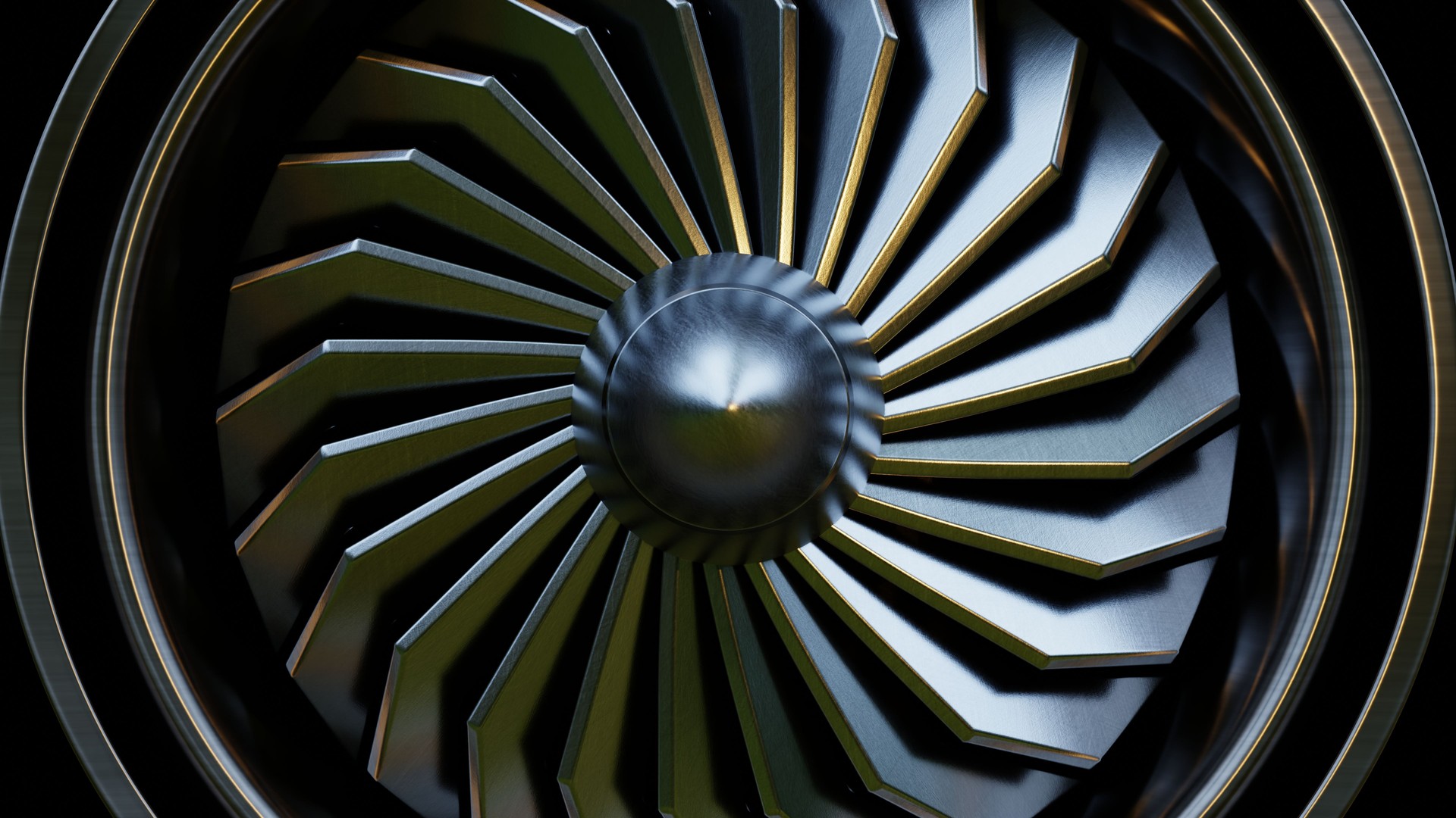 Jet engine turbine close-up in metallic finish-3D rendering